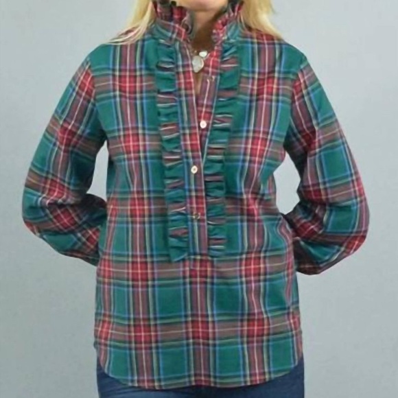 CK Bradley Plaid Top Ruffle blouse medium NWT - Picture 2 of 6